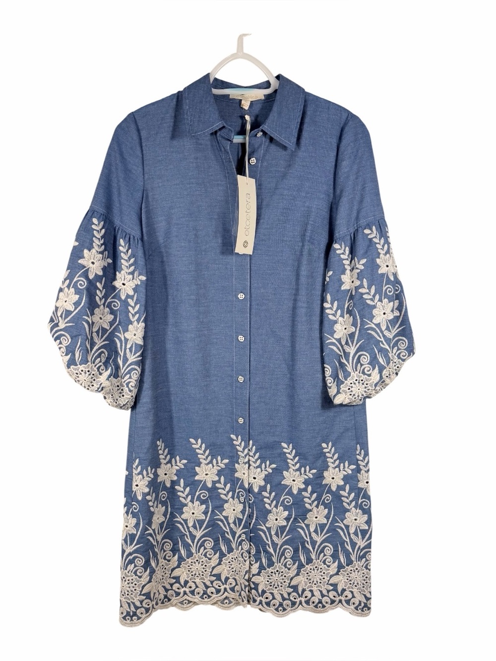 Etcetera NWT Blue Embroidered Denim-like Shirt Dress with White Floral Trim.